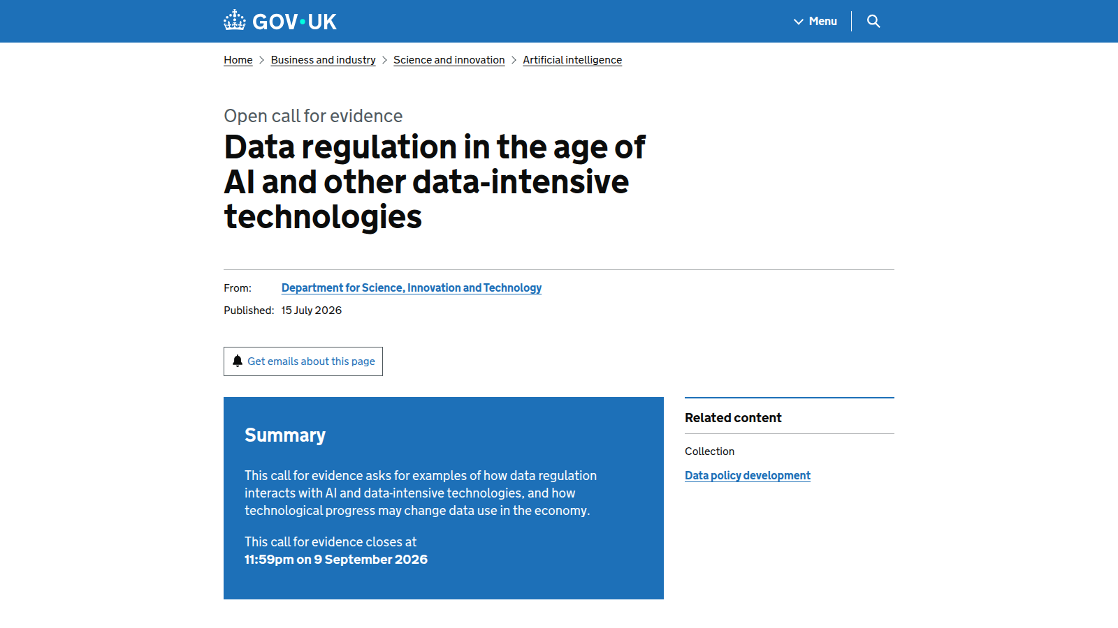 GOV.UK 原始公告页同屏显示 AI 时代数据监管征求意见标题、发布部门、摘要和截止日期